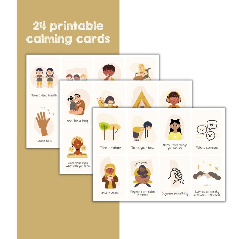 Puede incluir: 24 tarjetas relajantes imprimibles con ilustraciones de personas y naturaleza. Las tarjetas presentan frases como "Respira hondo", "Cuenta hasta 5", "Pide un abrazo", "Con&eacute;ctate con la naturaleza", "Toca tus dedos", "Nombra tres cosas que puedas ver", "Habla con alguien", "Cierra los ojos, &iquest;qu&eacute; puedes sentir?", "Toma un trago", "Repite "Estoy tranquilo" 5 veces", "Aprieta algo", y "Mira al cielo y cuenta las nubes".