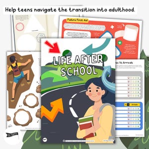May include: A colorful worksheet with the title "Life After School" featuring a cartoon illustration of a person walking down a road with a backpack and books. The worksheet includes activities and prompts to help teens navigate the transition into adulthood.