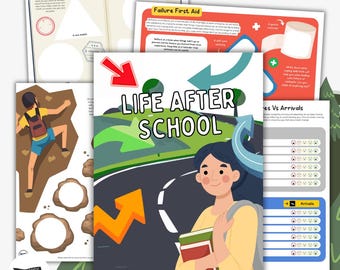 Op de afbeelding: Een kleurrijk werkblad met de titel "Het leven na school" met een cartoonillustratie van een persoon die met een rugzak en boeken over een weg loopt. Het werkblad bevat activiteiten en prompts om tieners te helpen bij de overgang naar volwassenheid.