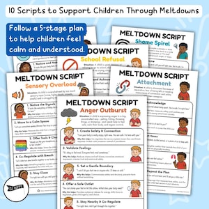 Puede incluir: Póster educativo titulado "10 Guiones para apoyar a los niños durante los colapsos". El póster describe un plan de 5 etapas para ayudar a los niños a sentirse tranquilos y comprendidos, con ilustraciones y descripciones de texto.