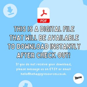 May include: A digital PDF file announcement on a light blue background. The text states the file will be available to download instantly after checkout. A red PDF icon is at the top. The image also includes a small black and white flag with the words "BE HAPPY".