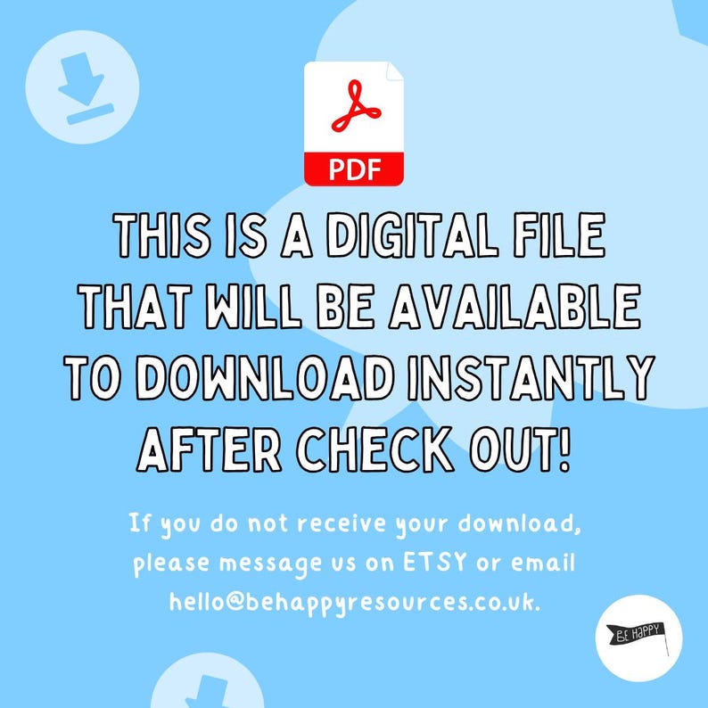May include: A digital PDF file announcement on a light blue background. The text states the file will be available to download instantly after checkout. A red PDF icon is at the top. The image also includes a small black and white flag with the words "BE HAPPY".