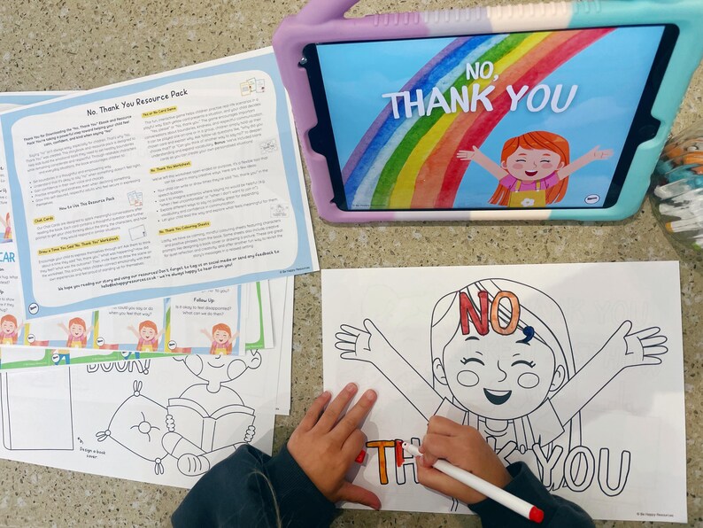 May include: A child coloring a "No, Thank You" coloring page with a marker. A tablet displays the same phrase with a rainbow and a cartoon character. Additional worksheets and a resource pack are also visible.
