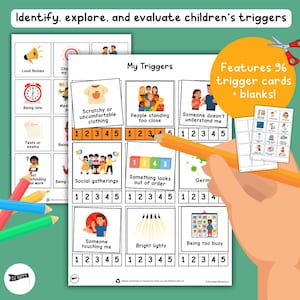 May include: An educational resource for children, with trigger cards and blanks. The design includes illustrations and text such as "My Triggers", "Scratchy or uncomfortable clothing", and "Being late". A hand holds a pencil, pointing to the cards.