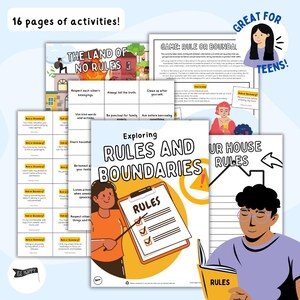 May include: A set of printable worksheets for teens exploring rules and boundaries. The worksheets feature colorful illustrations of people and a checklist titled "Rules". The text "Exploring Rules and Boundaries" is in a yellow box with a red exclamation point.