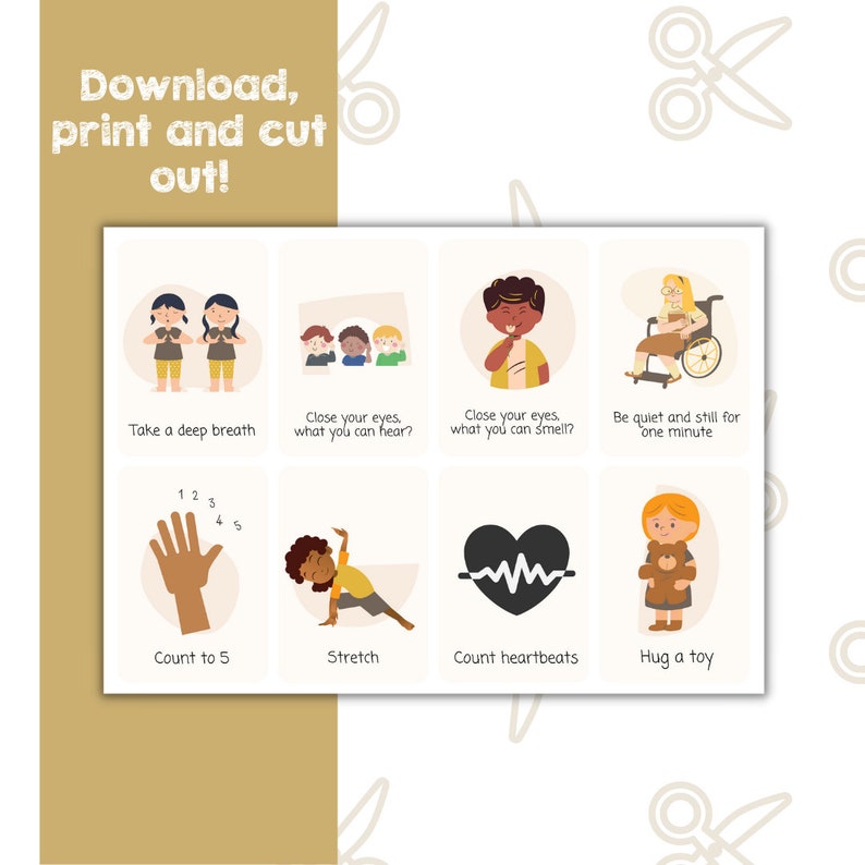 Puede incluir: Cartas imprimibles con ilustraciones e instrucciones para actividades calmantes para ni&ntilde;os. Las actividades incluyen respirar profundamente, cerrar los ojos y escuchar, cerrar los ojos y oler, estar en silencio durante un minuto, contar hasta cinco, estirarse, contar los latidos del coraz&oacute;n y abrazar un juguete.