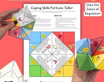 May include: A printable fortune teller game for kids to help them manage their emotions. The fortune teller is folded into a pyramid shape and has colorful squares with different emotions and coping skills written on them. The text on the fortune teller says "Coping Skills Fortune Teller" and "Uses the Zones of Regulation".