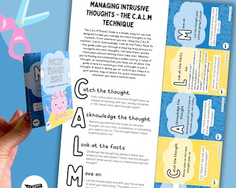 May include: A colorful guide to managing intrusive thoughts using the CALM technique. The guide is divided into four sections: Catch the thought, Acknowledge the thought, Look at the facts, and Move on. Each section is illustrated with a cartoon brain and a thought bubble.