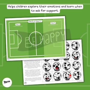 May include: Two-page educational printables with a soccer field theme. One page features a soccer field with "Pass It or Keep It?" text. The other page displays soccer balls with various emotional expressions, such as "Calm" and "Angry".