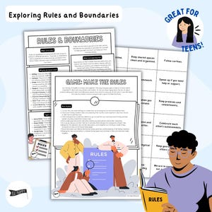 May include: A printable worksheet with colorful illustrations and text about exploring rules and boundaries. The worksheet includes a game called "Make the Rules" with instructions on how to play. The worksheet is designed for teens.