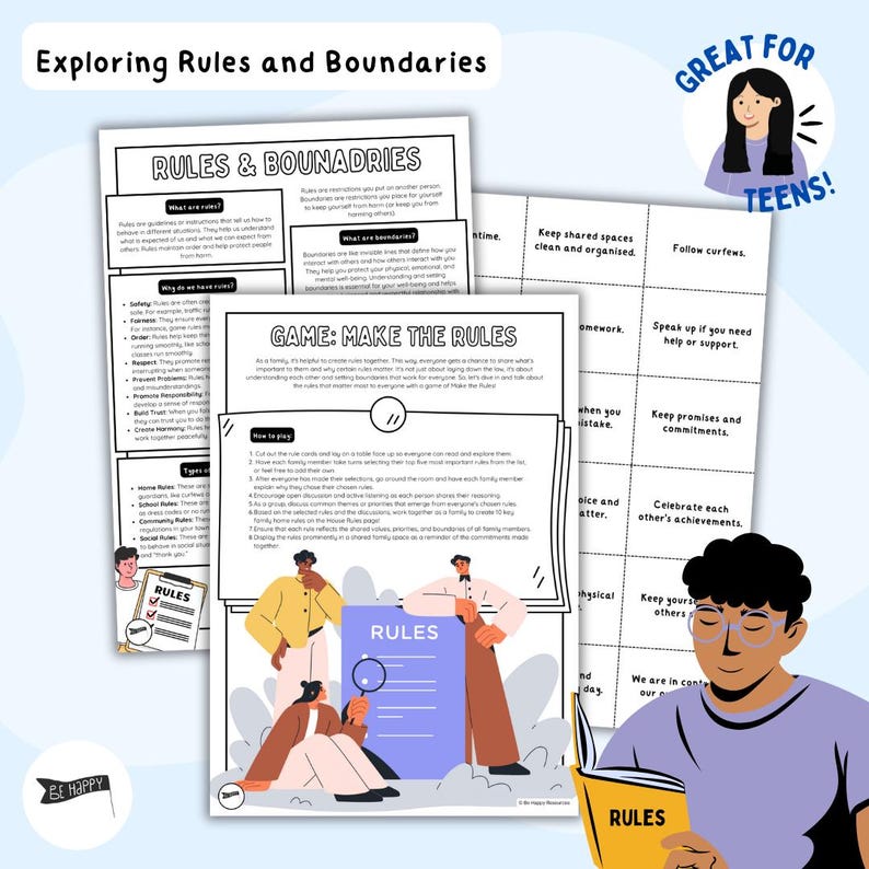 May include: A printable worksheet with colorful illustrations and text about exploring rules and boundaries. The worksheet includes a game called "Make the Rules" with instructions on how to play. The worksheet is designed for teens.