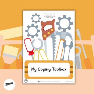 May include: A printable worksheet featuring a toolbox filled with tools, including a hammer, wrench, screwdriver, and saw. The text "My Coping Toolbox" is displayed on the toolbox. Write down your favourite calming techniques in the tools to create your very own Coping Toolbox.