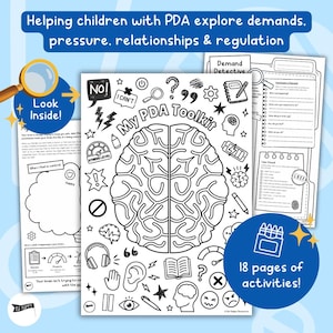 May include: A My PDA Toolkit activity book featuring a central brain illustration surrounded by black and white line art icons including headphones, eyes, ears, and stress gauges. The pages include text prompts for exploring demands, pressure, and regulation.