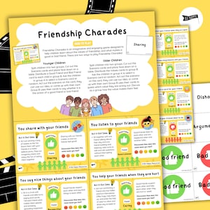 May include: A yellow and green printable game for children to learn about friendship. The game is called "Friendship Charades" and includes cards with different scenarios and values. The cards feature illustrations of children and thumbs up and down icons.