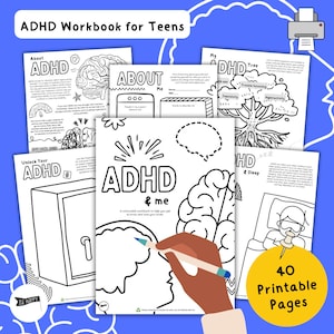 May include: Black and white printable workbook for teens with the title "ADHD & Me". The workbook includes coloring pages and activities to help teens understand and manage ADHD. The cover features a brain with a hand holding a pencil, ready to color.