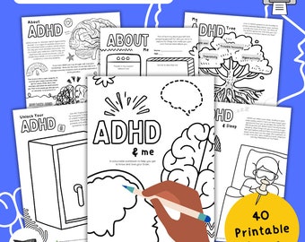 May include: Black and white printable workbook for teens with the title "ADHD & Me". The workbook includes coloring pages and activities to help teens understand and manage ADHD. The cover features a brain with a hand holding a pencil, ready to color.