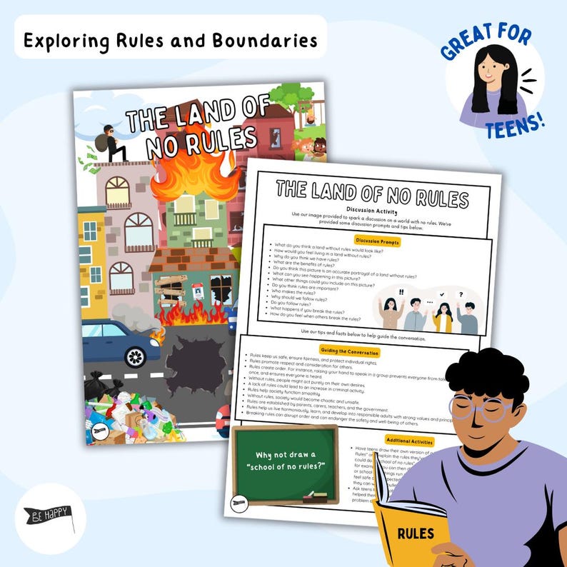 May include: A colorful illustration of a city with buildings on fire, trash on the street, and a car driving through the middle of the chaos. The text "The Land of No Rules" is at the top of the image. The image is a visual representation of the consequences of living in a world without rules.