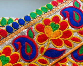 Yellow Floral Embroidered Trim: Vintage Indian Fabric Border