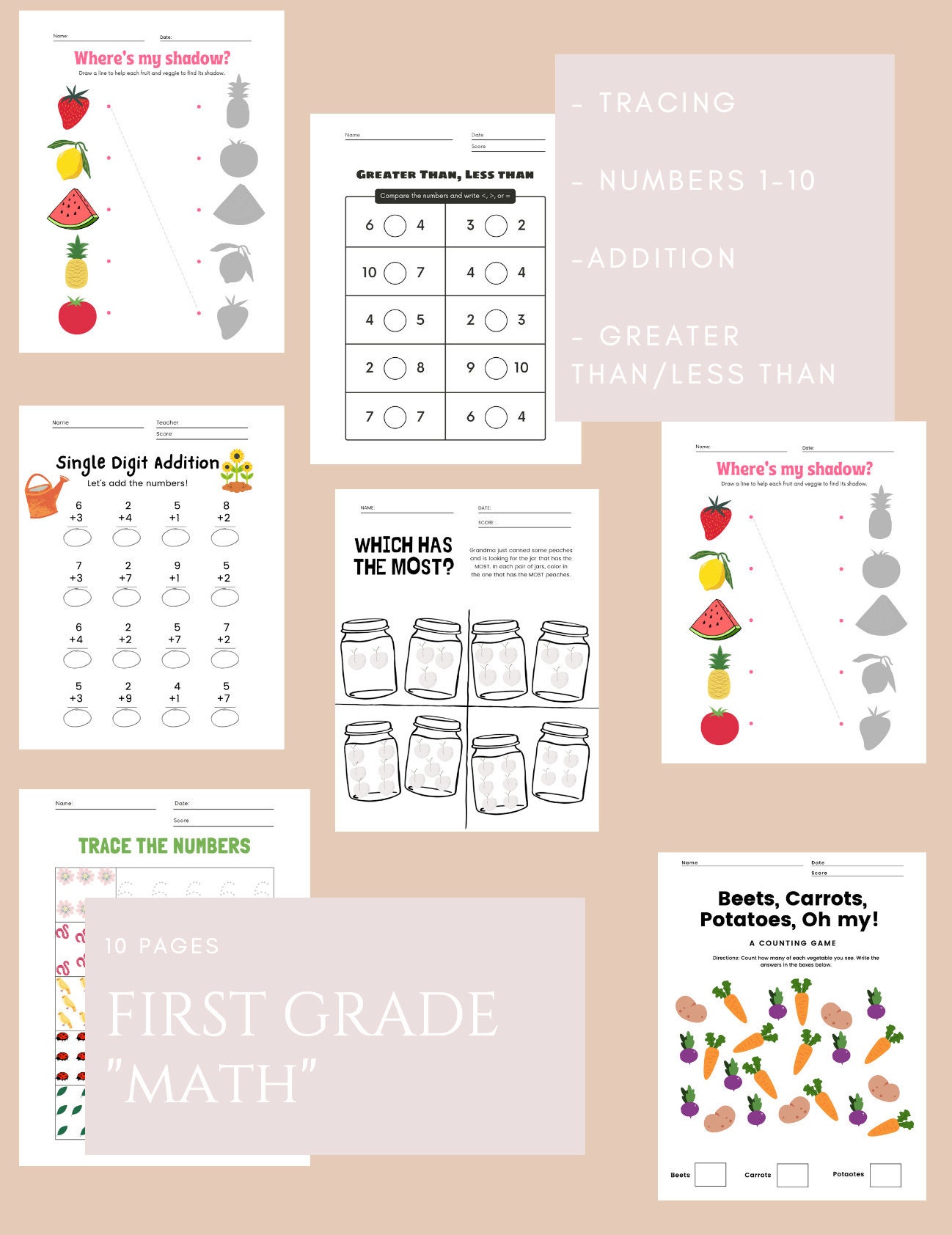 First Grade Math Worksheets Garden Themed 10 pages numbers | Etsy