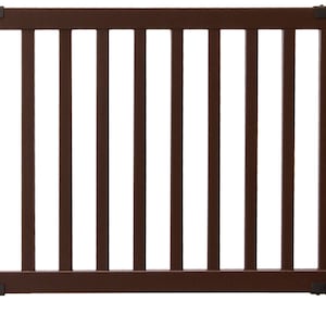 May include: A brown wooden pet gate with vertical slats and a pressure-mounted design. The gate is closed and has a simple, modern style.