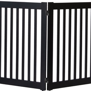 May include: Black wooden folding gate with vertical slats. The gate is made of two panels that can be folded together.