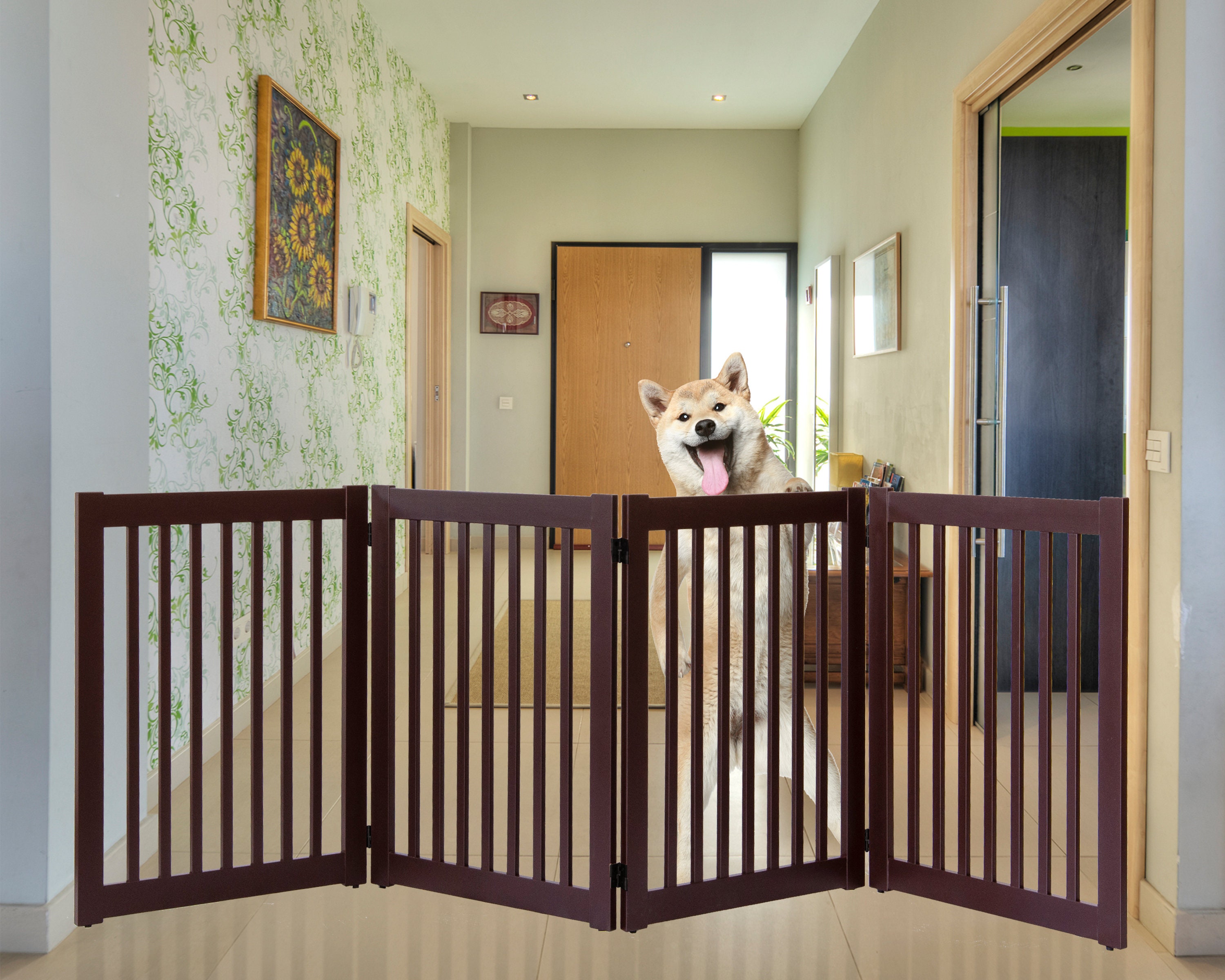 4-panel Mahogany Wooden Pet Gate | Folding Freestanding Dog Barrier ...