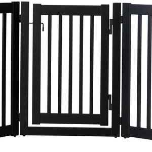 Verstellbares 5-Panel schwarzes Haustier Tor aus Holz - Faltbares, freistehendes Hundegitter, handgefertigt, hergestellt in den USA