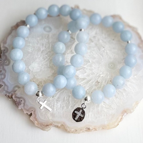 Sky Blue Jade Gemstone Bracelet with Mini Silver Cross or Rhinestone Cross Disc or Fleur-de-Lis Disc Charm * Gift * Stackable Bracelets *