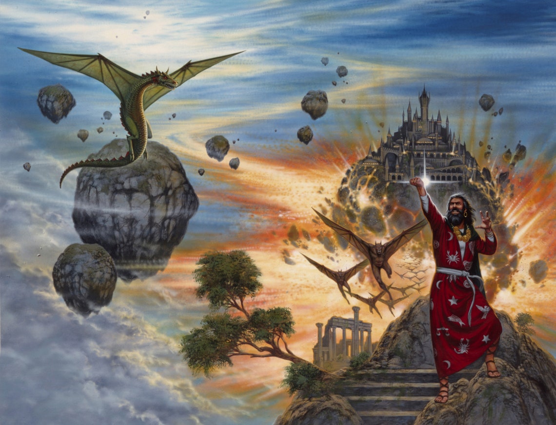 May include: A fantasy illustration depicting a wizard in a red robe with stars and celestial symbols, raising his arms in a gesture of power. He stands on a rocky cliff overlooking a floating city with a dragon flying overhead.