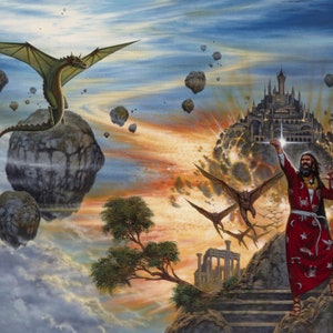May include: A fantasy illustration depicting a wizard in a red robe with stars and celestial symbols, raising his arms in a gesture of power. He stands on a rocky cliff overlooking a floating city with a dragon flying overhead.