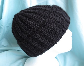 Ribbed Hat Crochet, Black, Unisex, Beanie