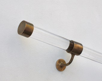 Clear Handrail with Antique Brass Brackets and End Caps - 38mm Modern Hand Rail - Antique Brass Handrail