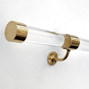 Pasamanos transparente con soportes y tapas de latón macizo - Pasamanos moderno de 38 mm - Barandilla de escalera - Pasamanos - Lucite - Acrílico - Latón - Níquel