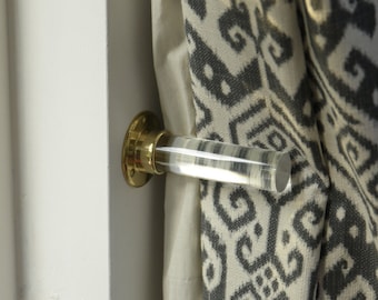 Clear Curtain Tie Backs (Par) - Brass and Lucite Curtain Tieback - Modern Tie Back