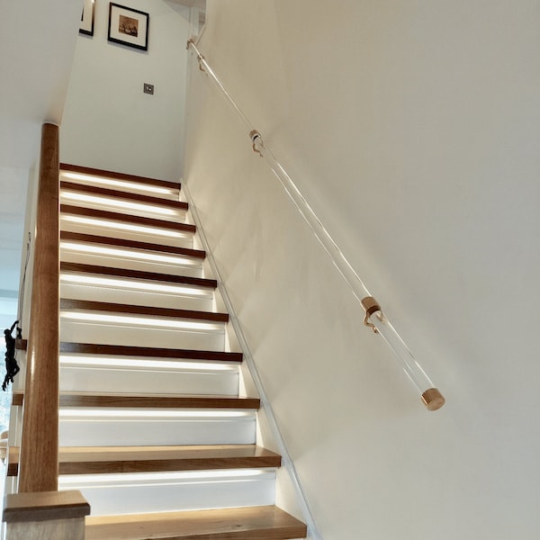 Perspex Handrail with Solid Brass Brackets and End Caps - 38mm Clear Hand Rail