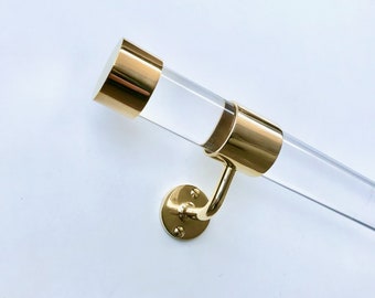 Clear Handrail with Solid Brass Brackets and End Caps - 38mm Modern Hand Rail -Stair Rail - Bannister - Lucite - Acrylic - Brass - Nickel