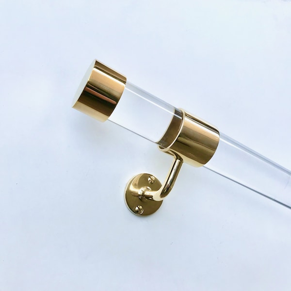 Clear Handrail with Solid Brass Brackets and End Caps - 38mm Modern Hand Rail -Stair Rail - Bannister - Lucite - Acrylic - Brass - Nickel