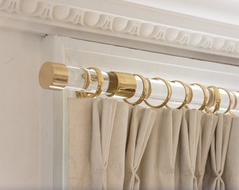 Poste de cortina transparente con soportes de latón y tapas finales - Riel de cortina moderno - Lucite - Acrílico - Tamaños personalizados