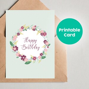 Cumpleaños floral Tarjeta de felicitación IMPRIMIBLE para descarga instantánea Imprimir Inicio Tarjeta de cumpleaños femenina Círculo de flores Tarjeta descargable de fácil impresión