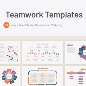 May include: A set of 30 unique teamwork templates for business and marketing, designed for Apple MAC. The templates feature various diagrams and charts, including a team roles model, a reflective cycle, and a team building grid.