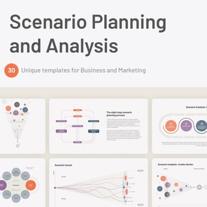 May include: A set of 30 unique templates for scenario planning and analysis, designed for business and marketing. The templates feature various diagrams and charts, including a funnel, a flow chart, a circle diagram, and a timeline. The templates are designed for Apple MAC.