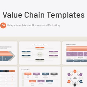 May include: A set of 30 PowerPoint templates for creating value chain diagrams. The templates feature various layouts and styles, including a value proposition builder framework, value chain analysis, and Porter's value chain analysis.