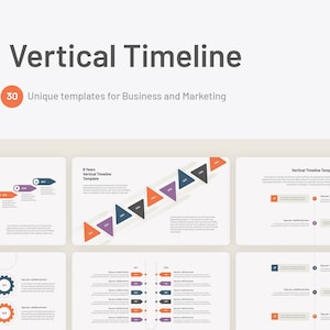 May include: A set of 30 PowerPoint templates for creating vertical timelines. The templates feature various shapes, colors, and styles, including arrows, gears, and hexagons. The text "Vertical Timeline" and "for PowerPoint" is displayed at the top of the image.
