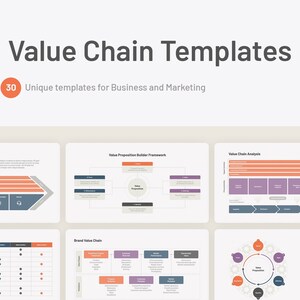 May include: A set of 30 value chain templates for business and marketing. The templates are designed for Apple MAC users and feature various diagrams and charts, including value chain analysis, value proposition builder framework, and brand value chain.