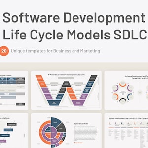Puede incluir: Un conjunto de 20 plantillas únicas para modelos de ciclo de vida de desarrollo de software (SDLC). Las plantillas están diseñadas para fines comerciales y de marketing. Las plantillas presentan diferentes representaciones visuales de los modelos SDLC, incluidos diagramas, gráficos y diagramas de flujo.