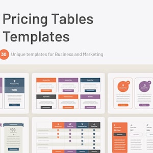 May include: A set of 30 PowerPoint templates for pricing tables. The templates feature different layouts and colour schemes, including orange, purple, and blue. The text "Pricing Tables" and "30 Unique templates for Business and Marketing" is displayed at the top of the image.