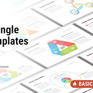 Puede incluir: Un conjunto de 22 plantillas de PowerPoint con formas triangulares en varios colores, incluidos rojo, azul, verde y amarillo. Las plantillas están diseñadas para presentaciones profesionales e incluyen el texto "Plantilla de 3 pasos de triángulo" y "FUENTES BÁSICAS".
