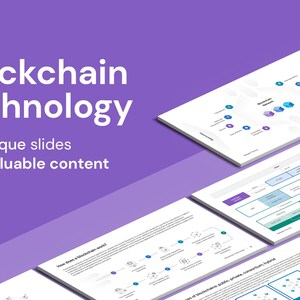 Puede incluir: Un fondo morado con el texto "Blockchain technology" en blanco. Debajo del texto hay un círculo amarillo con el número "25" y el texto "unique slides with valuable content". La imagen muestra una serie de páginas blancas con diagramas y texto sobre la tecnología blockchain.