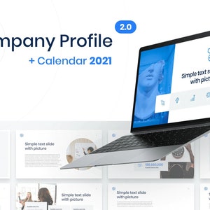 May include: A laptop computer displaying a presentation with the title "Company Profile + Calendar 2021" and a slide titled "Simple text slide with picture". The slide features a blue background with a white statue of a person's head and a blue ribbon with a medal icon.