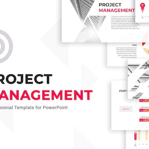 May include: A PowerPoint presentation template for project management. The template features a modern design with geometric shapes and a colour scheme of white, grey, and red. The text "PROJECT MANAGEMENT" is displayed in bold, black font. The template includes slides for project scope, quality, risk, effort, and PERT.